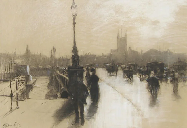 FRANCIS HOPKINSON SMITH London Bridge, illustration for “In Dickens’s London” (1914) Black and white chalk on paper 17 x 25 inches (43 x 63.5 cm) SOLD