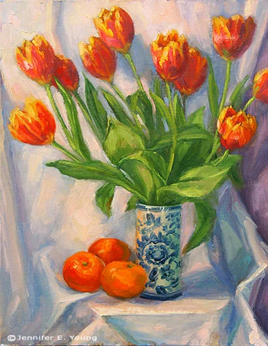 "Tulips and Mandarins", Oil on linen, 14x11"
