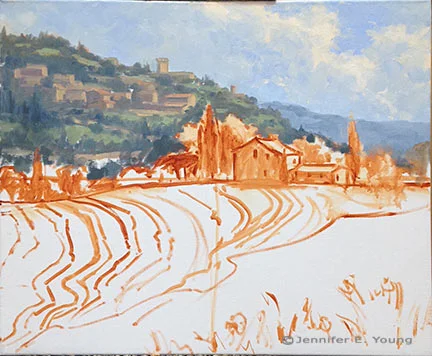 Tuscany landscape painting in progress by Jennifer E. Young