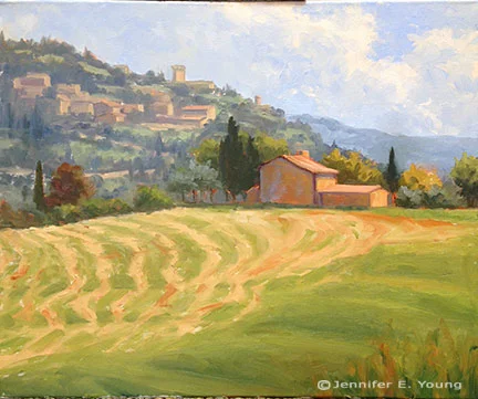 Tuscany landscape painting in progress by Jennifer E. Young