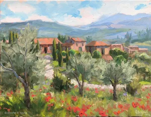 Landscape Oil Painting of Montalcino, Italy, Poppies and Olive 