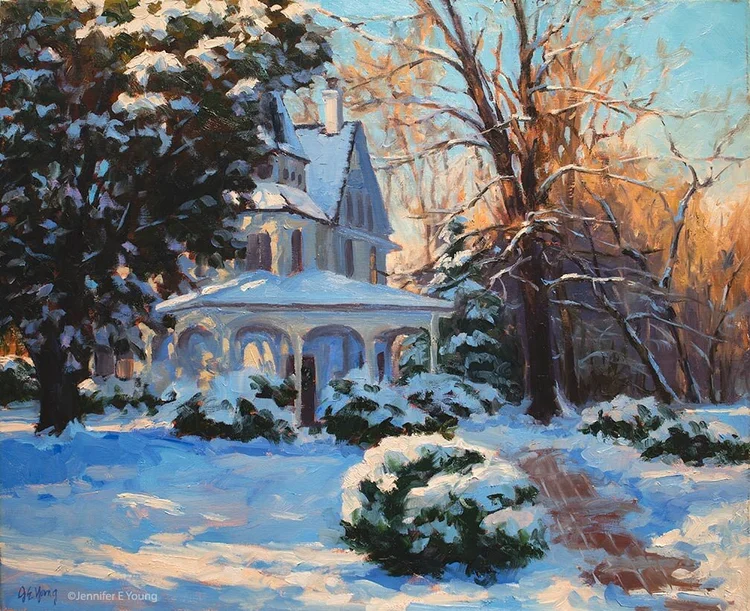 Victorian Winter- Original Snowy Landscape Painting with Victorian