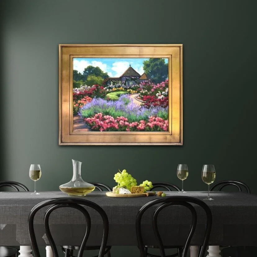 Dining room view Lewis Ginter Botanical rose garden landscape oil painting by Jennifer Young