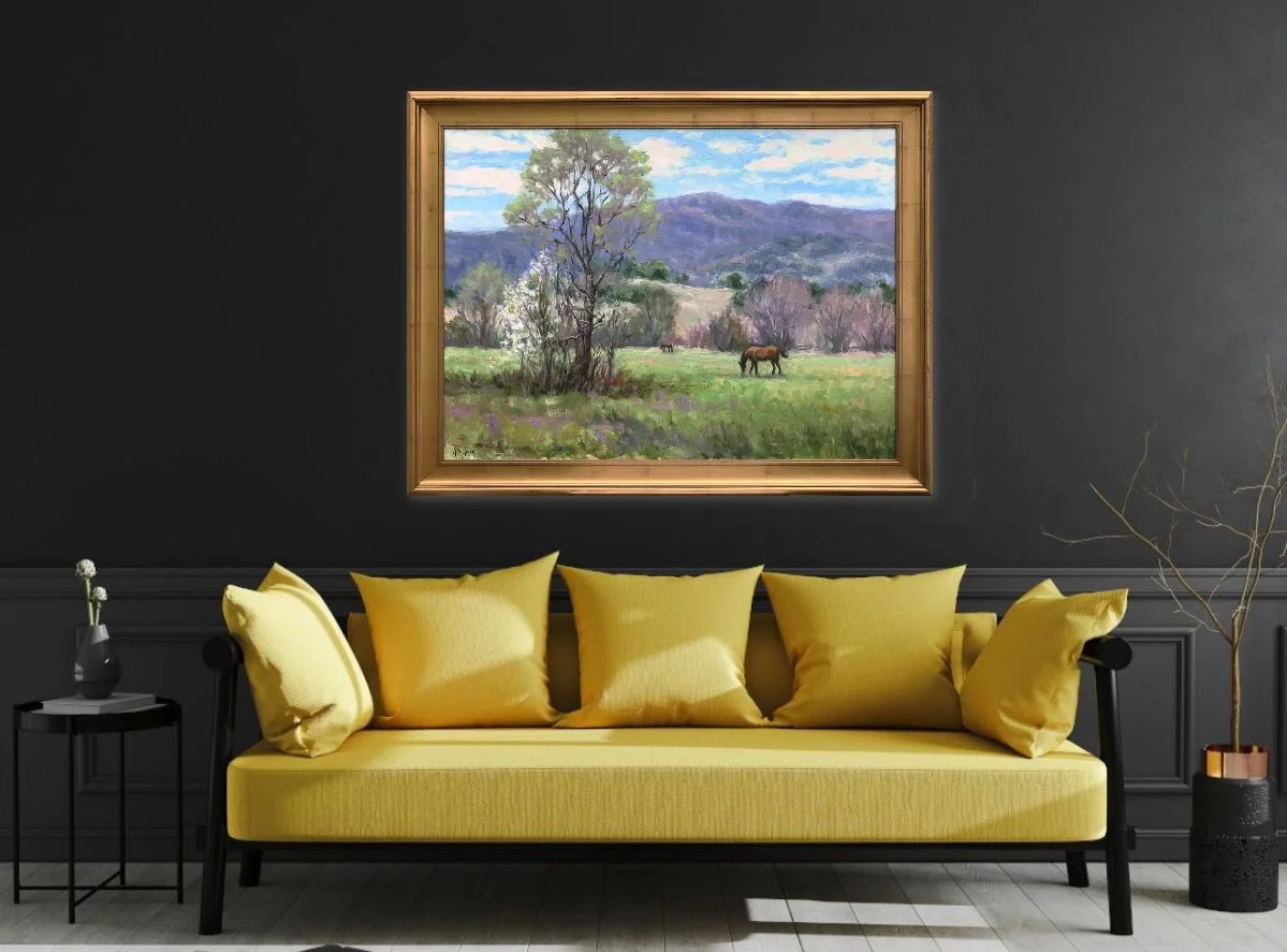 Original Blue Ridge Mountains painting grazing horses room view by Jennifer Young