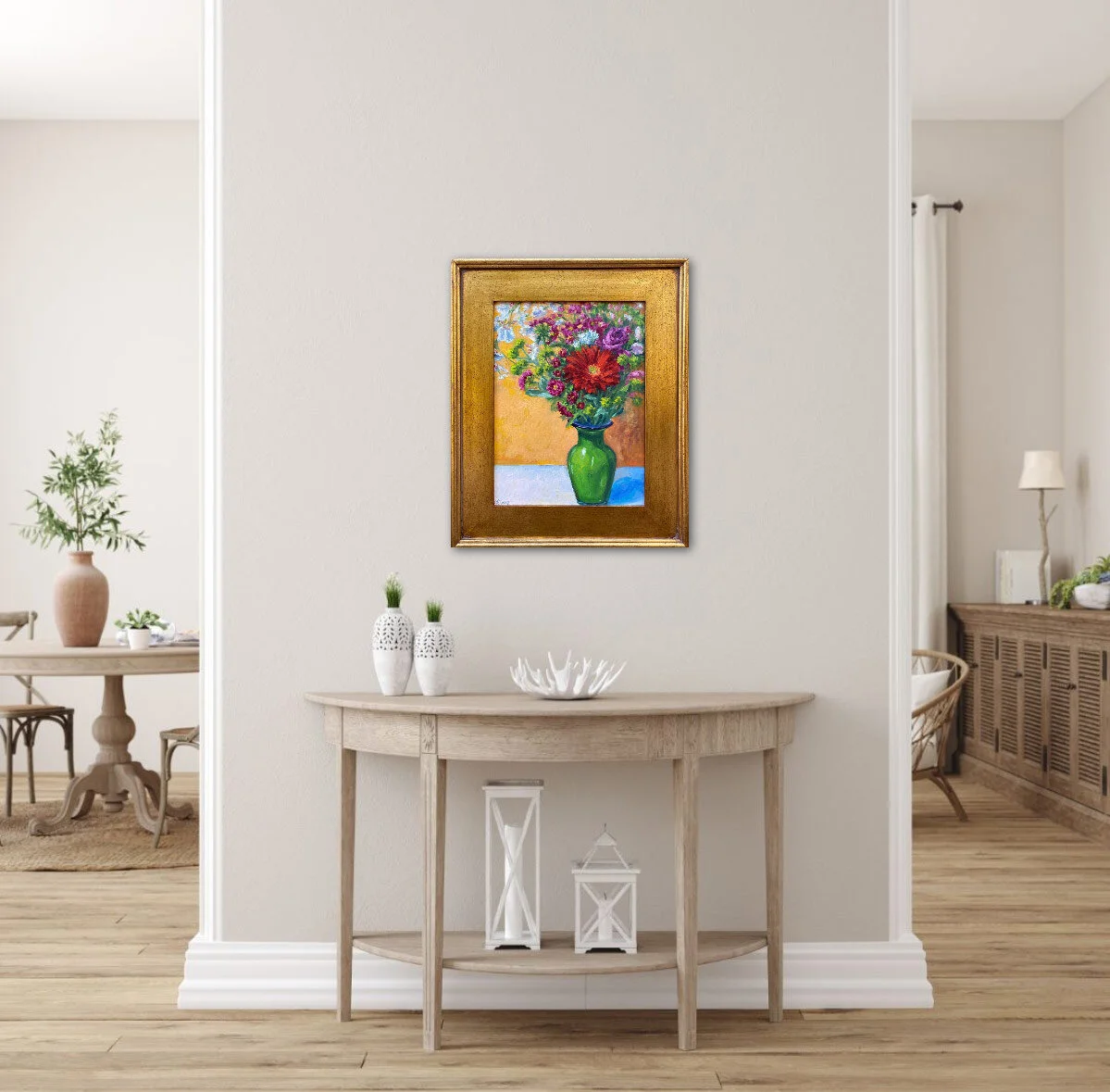 Floral still life red green and yellow by Jennifer Young Room View