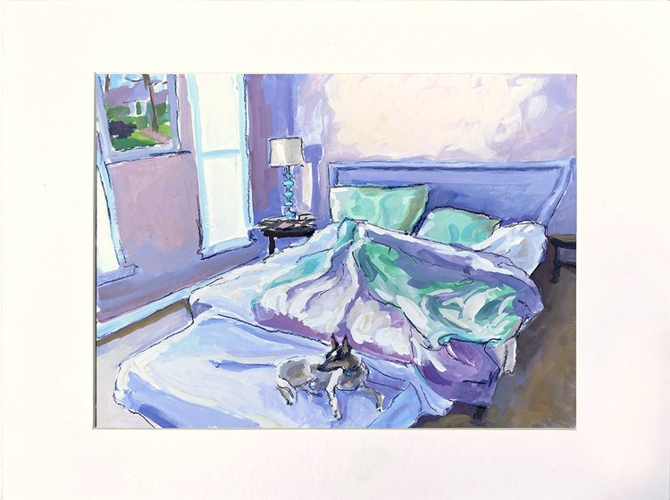 The Unmade Bed- Original gouache painting of an interior scene with dog by  Jennifer E Young — Jennifer Young Fine Art