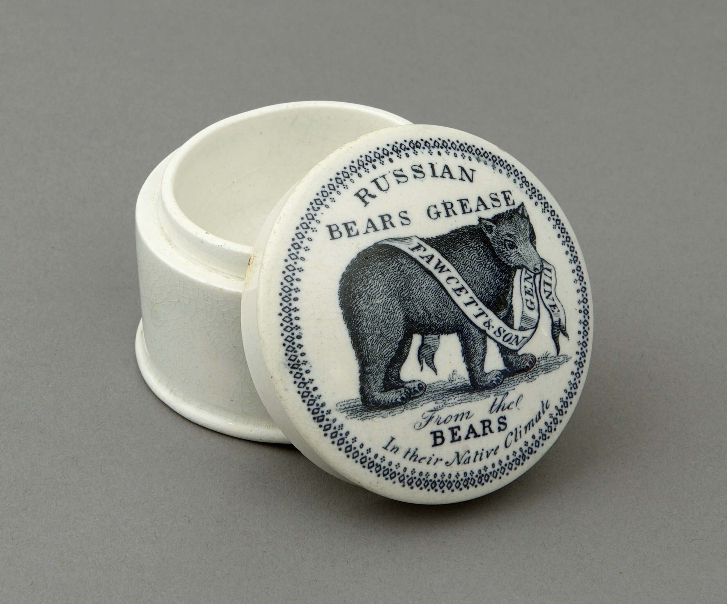 Antique pictorial Bear's Grease Pot Lid with base ca. 1870 to 1890