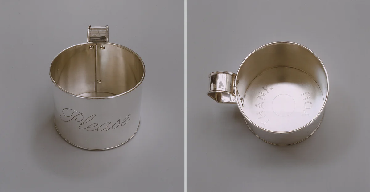 measure 2003-05 engraved sterling silver with painted canvas cloth, 5.5 x 6.125 x 8.25 inches (cup)