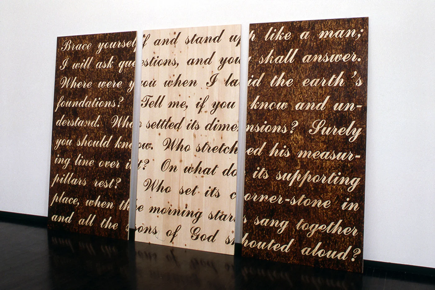 Brace yourself 2003 burned plywood, three panels 96 x 48 x .75 inches each