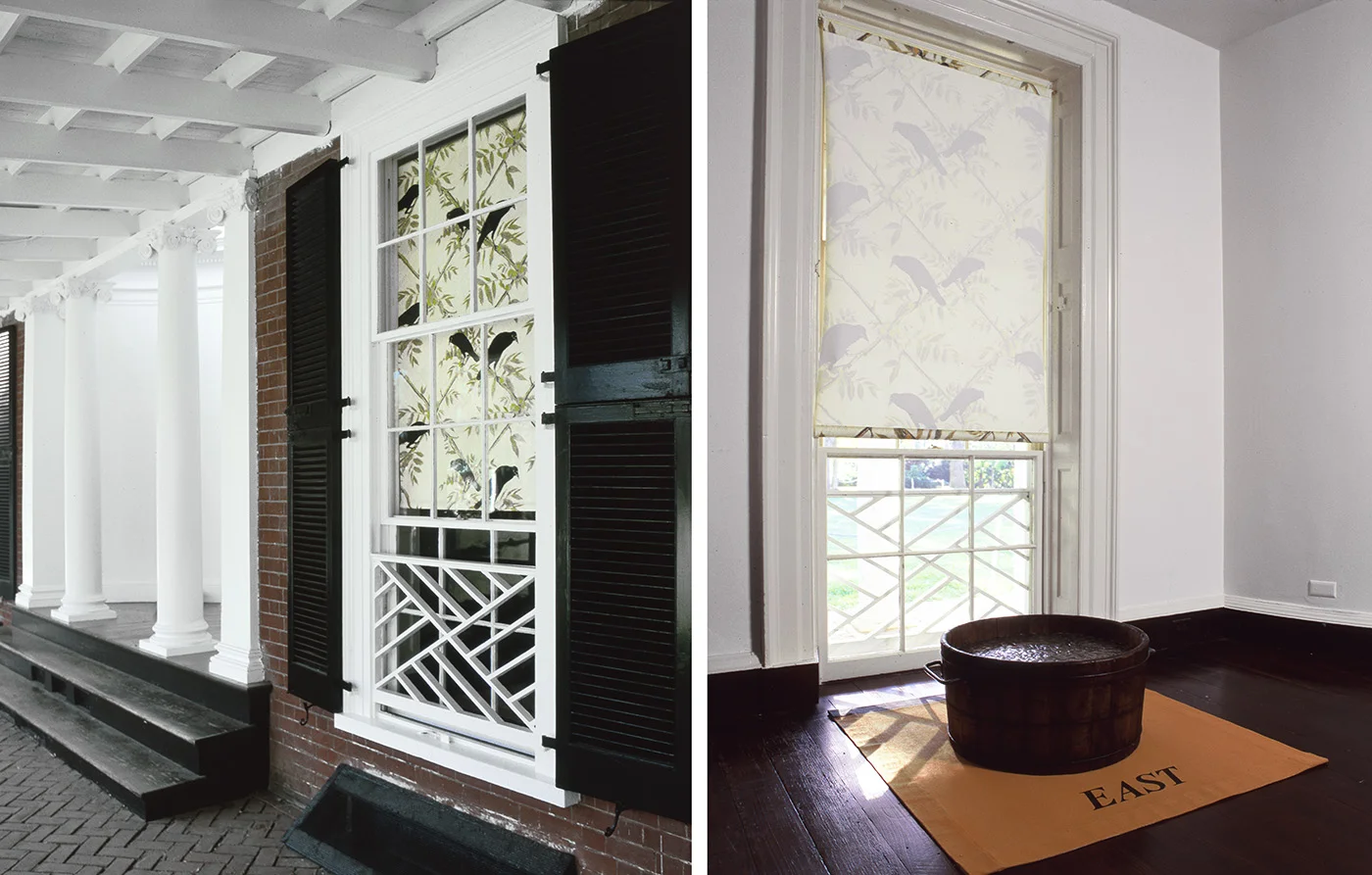In My Father's House (Pavilion IX, University of Virginia) 2000 printed window shade, wood tub with bronze casting, floor-cloth, dimensions vary