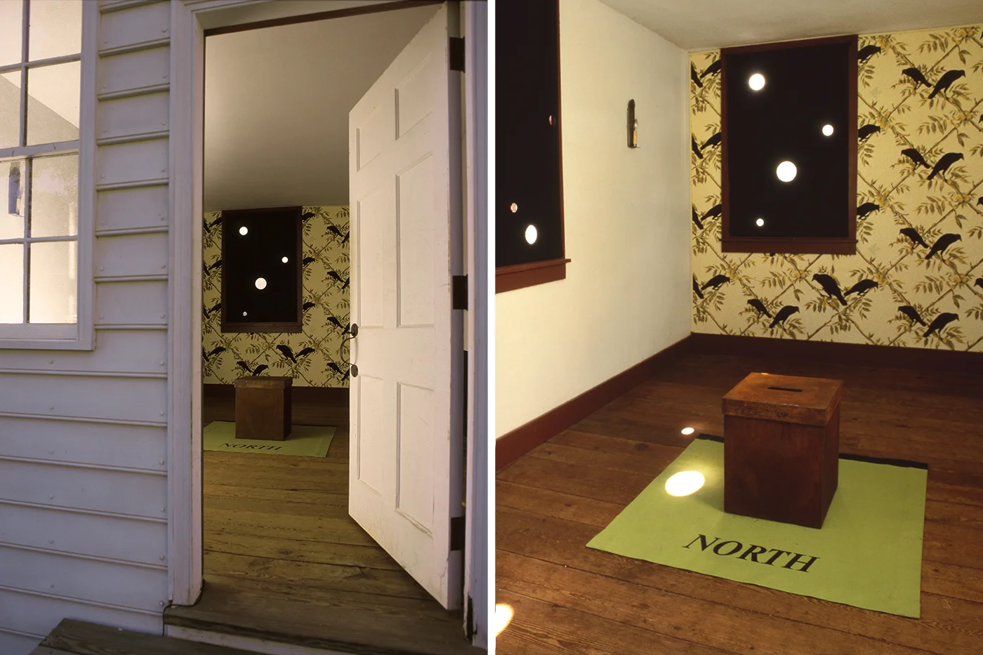 In My Father's House (slave quarters at Ash Lawn-Highland Plantation) 2000 window shades, printed wallpaper, rusted-steel ballot box, floor-cloth, dimensions vary