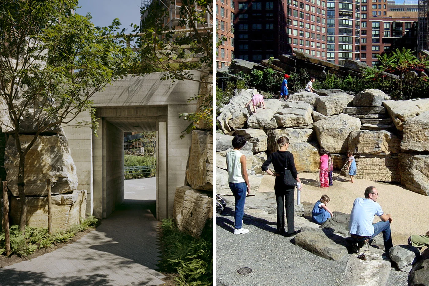 Tunnel entrance facing north (left), south park play area (right)