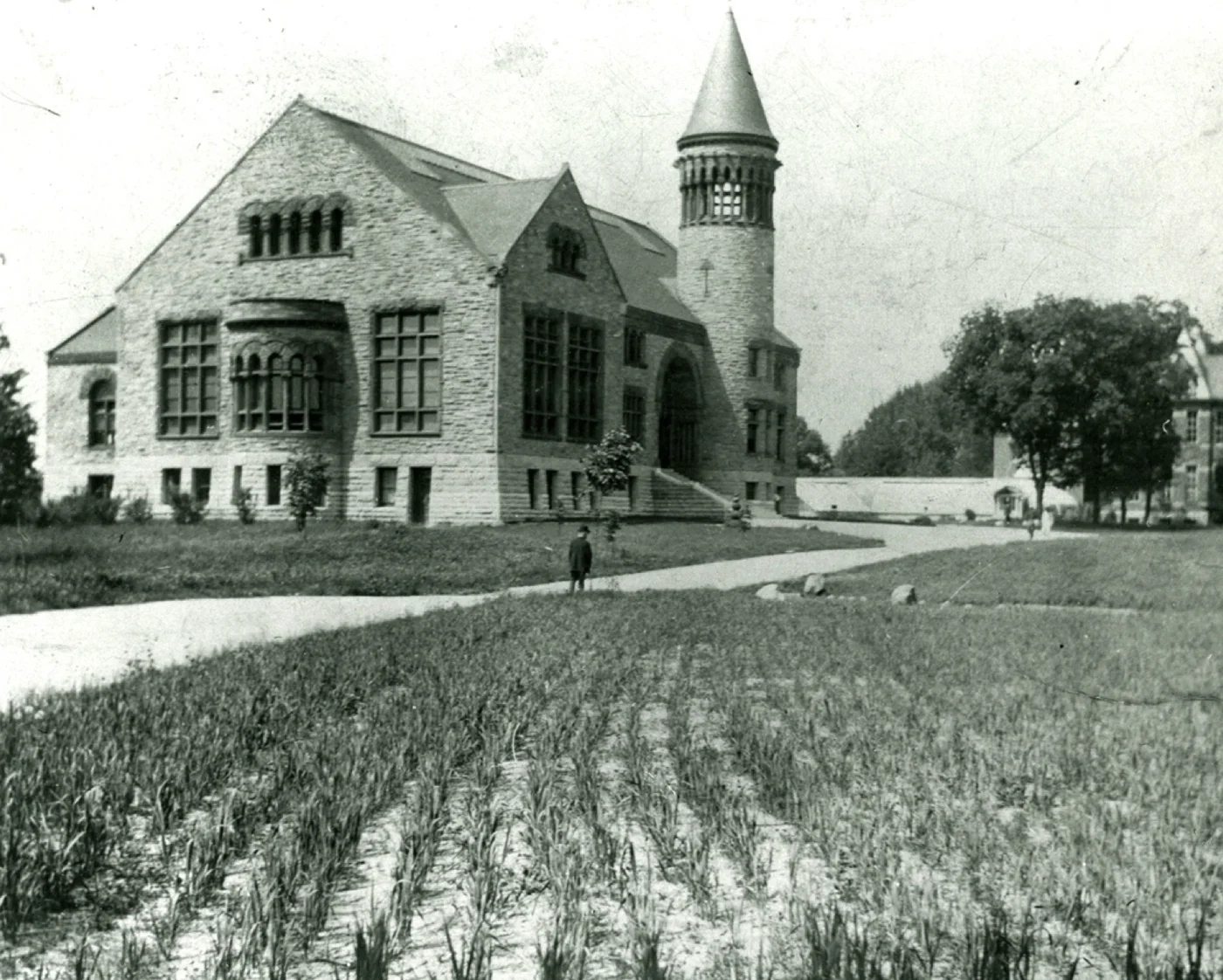 OSU Orton Hall with crop planting , circa 1889