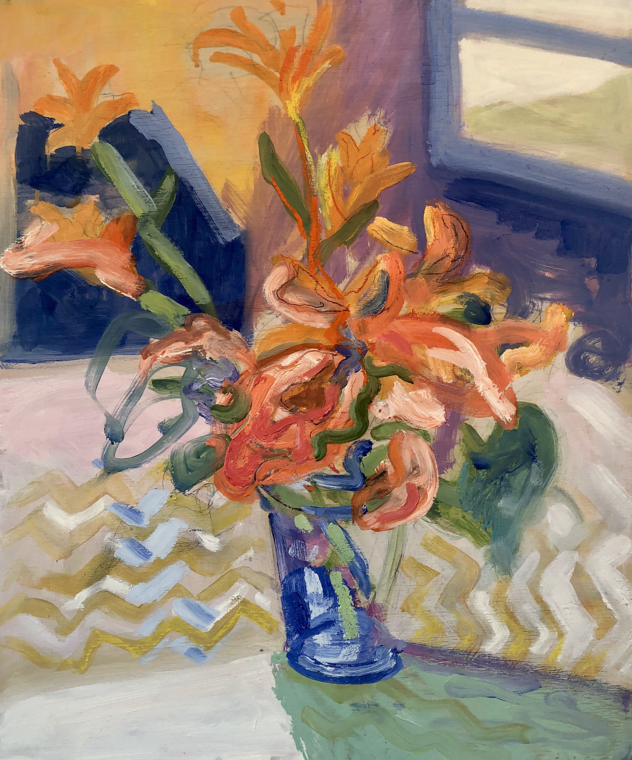 DAY LILIES ON A ZIG-ZAG TABLECLOTH