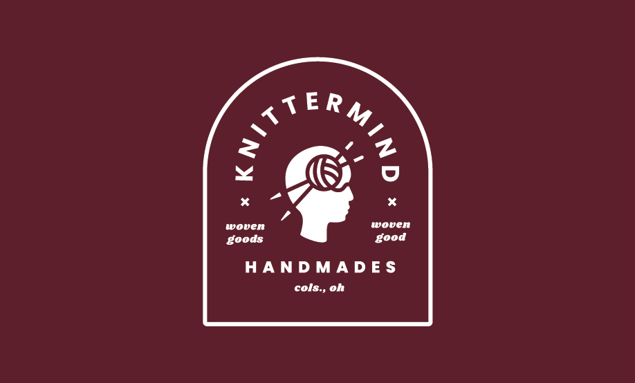 A logo for teh company Knittermind, showing yarn as a brain.