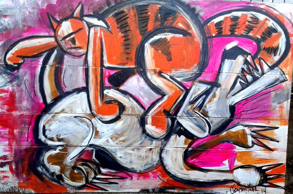Cats and Dogs. Approximately 24x36 Mixed on trash picked paneling 2014-16