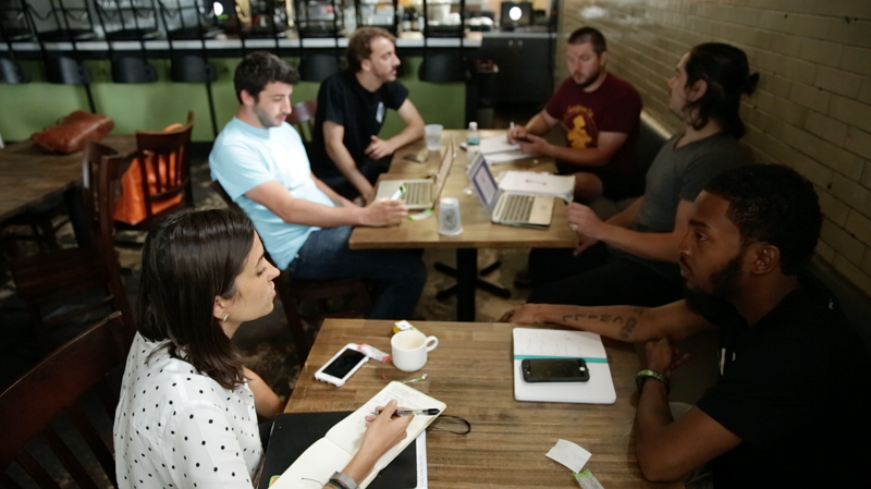 Chill Moody brainstorming with the crew, including VP Marilyn Candeloro, Head Brewer Vince DesRosiers, Assistant Brewers Sasha Certo-Ware and Mark Russell, and Sales Rep Rich Maiale.