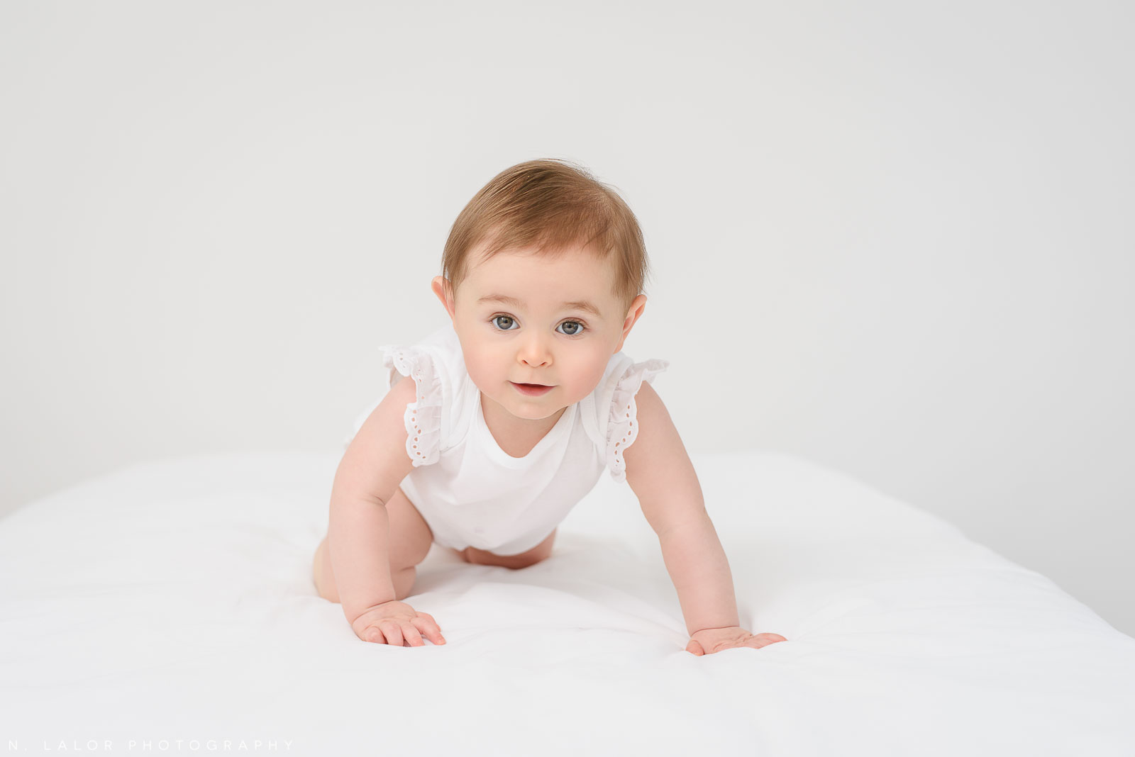 Crawling. Studio baby milestone session with N. Lalor Photography in Greenwich, Connecticut.