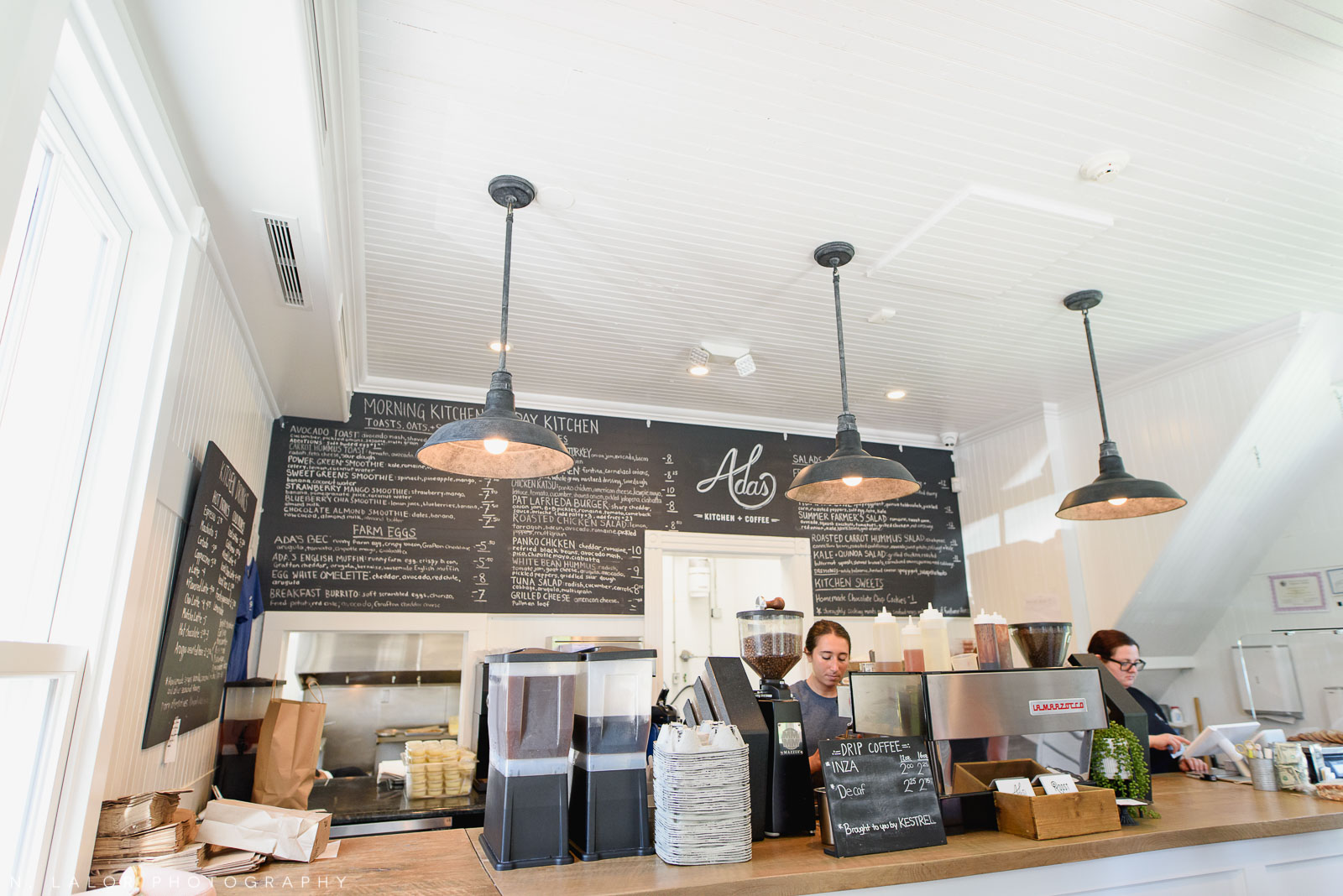 Main bar area and menu board. Ada's Kitchen + Coffee in Riverside, Connecticut. Image by N. Lalor Photography.