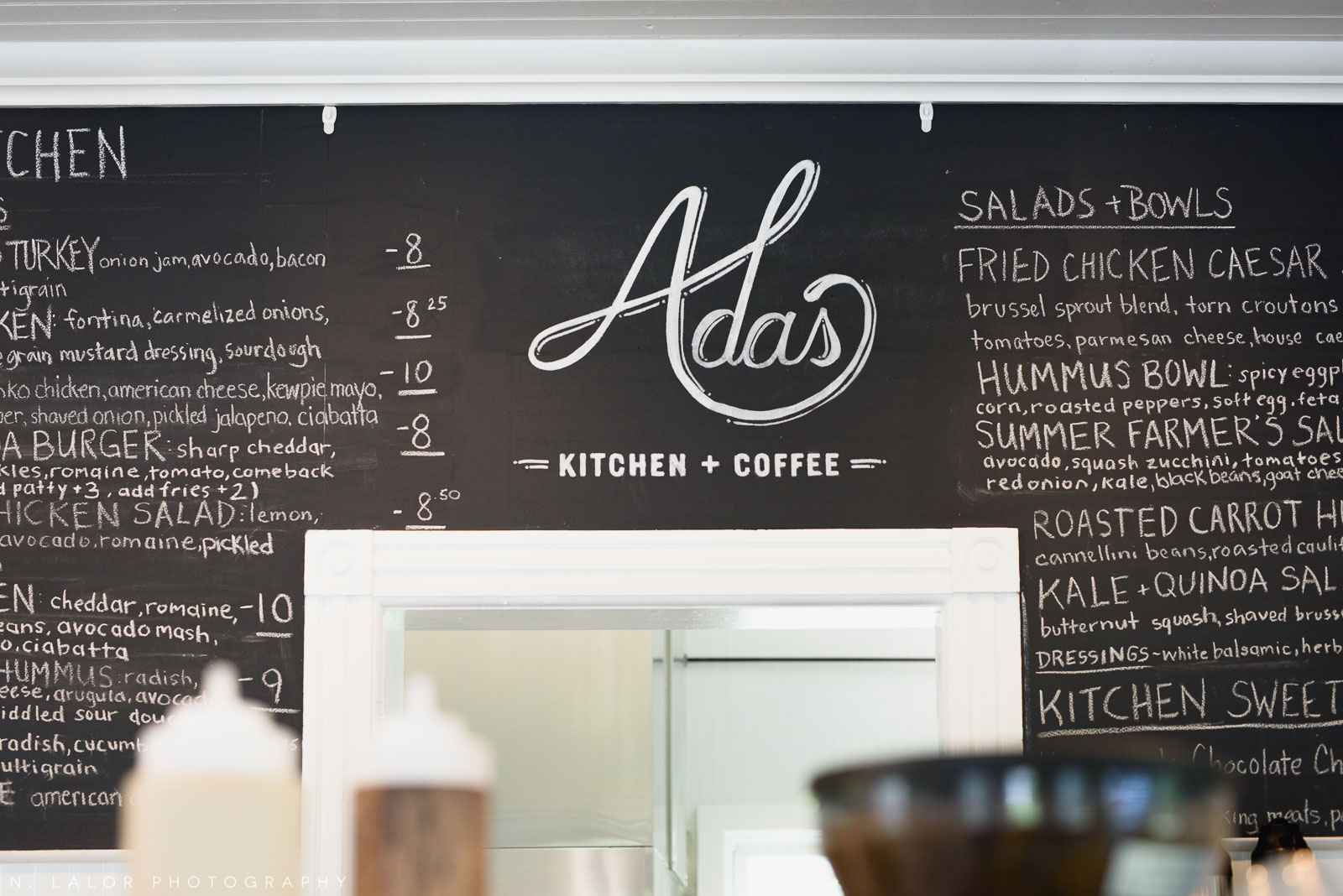 Menu board and logo. Ada's Kitchen + Coffee in Riverside, Connecticut. Image by N. Lalor Photography.
