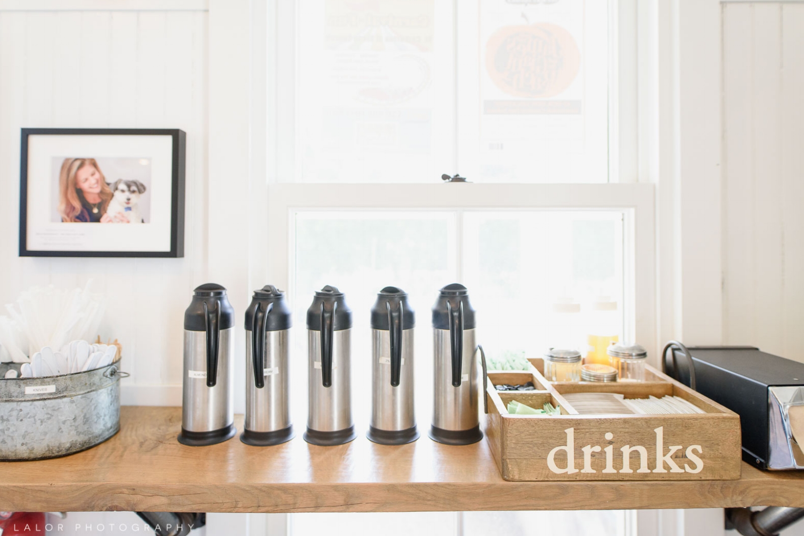 Self-serve milk area for coffee. Ada's Kitchen + Coffee in Riverside, Connecticut. Image by N. Lalor Photography.