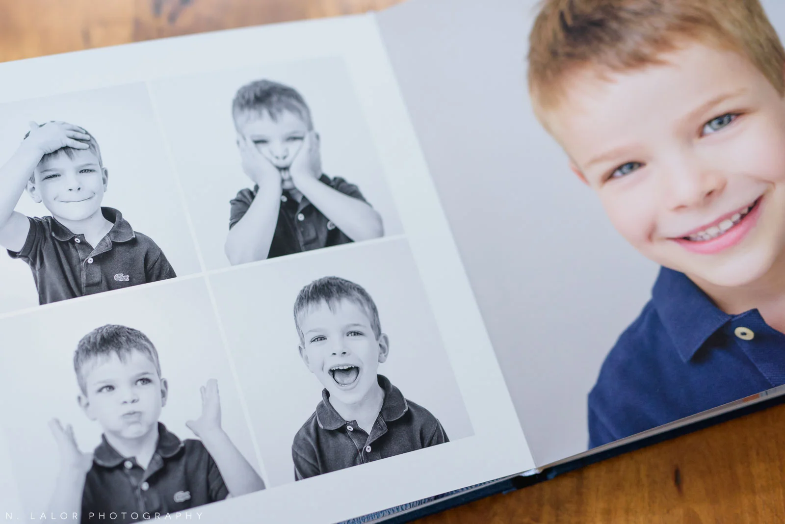 Image of a family heirloom album, showing a spread with individual portraits of a young boy. Images by N. Lalor Photography, Greenwich Connecticut.