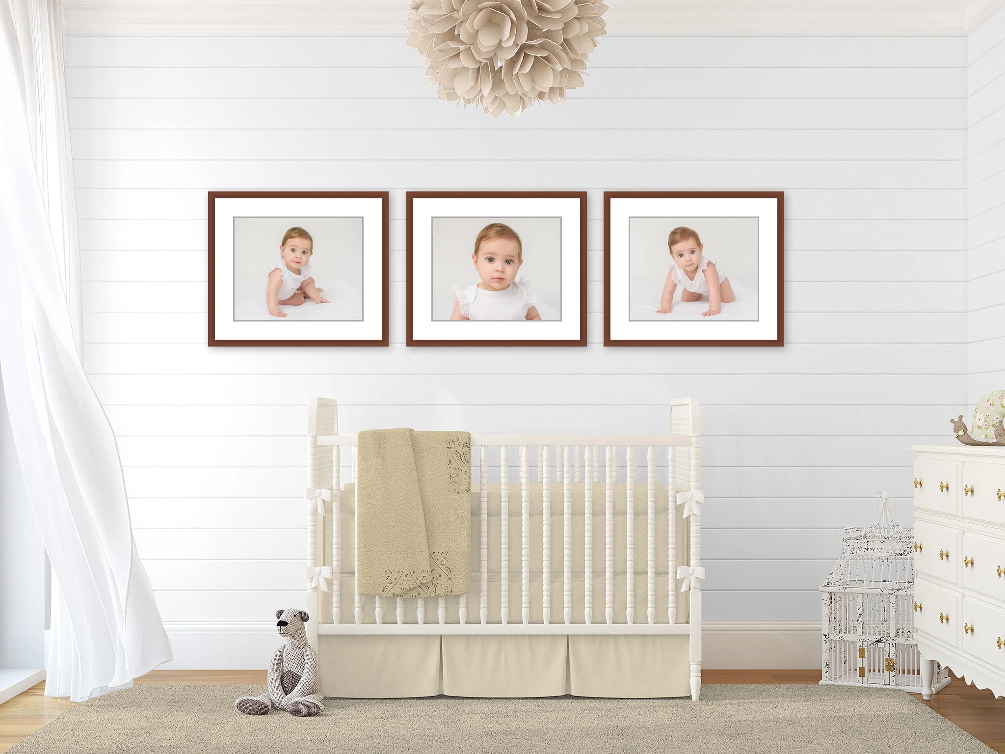 Baby gallery wall in the nursery. Portraits by N. Lalor Photography Studio in Greenwich Connecticut.