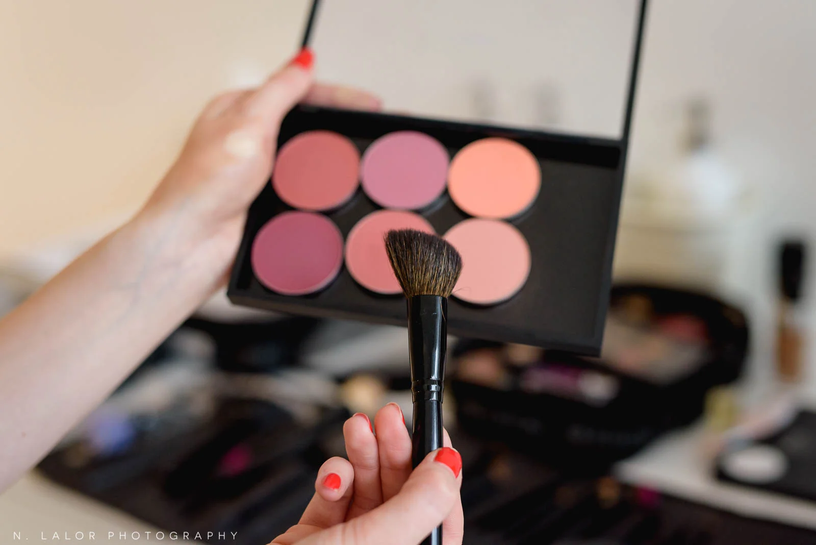 Recommended blush colors and brush shape. Makeup tutorial. Photo by N. Lalor Photography, makeup tips by Haus of Pretty of Westport CT.