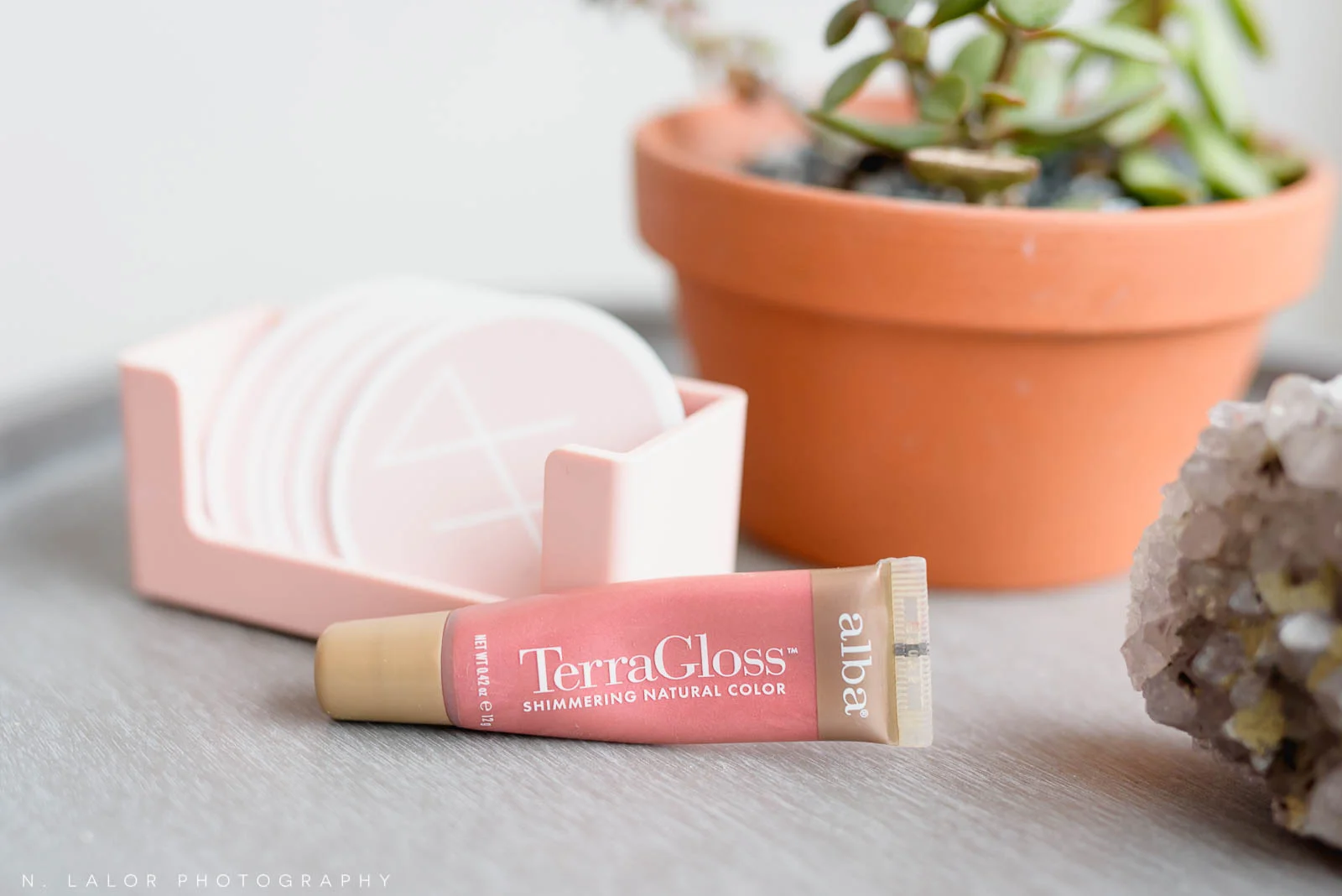 Alba TerraGloss shimmering lip gloss, recommended for lips. Photo by N. Lalor Photography, makeup tips by Haus of Pretty of Westport CT.