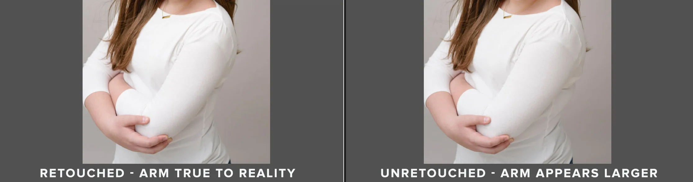 Image of retouched and unretouched arm on young woman. Photo by N. Lalor Photography in Greenwich, Connecticut.
