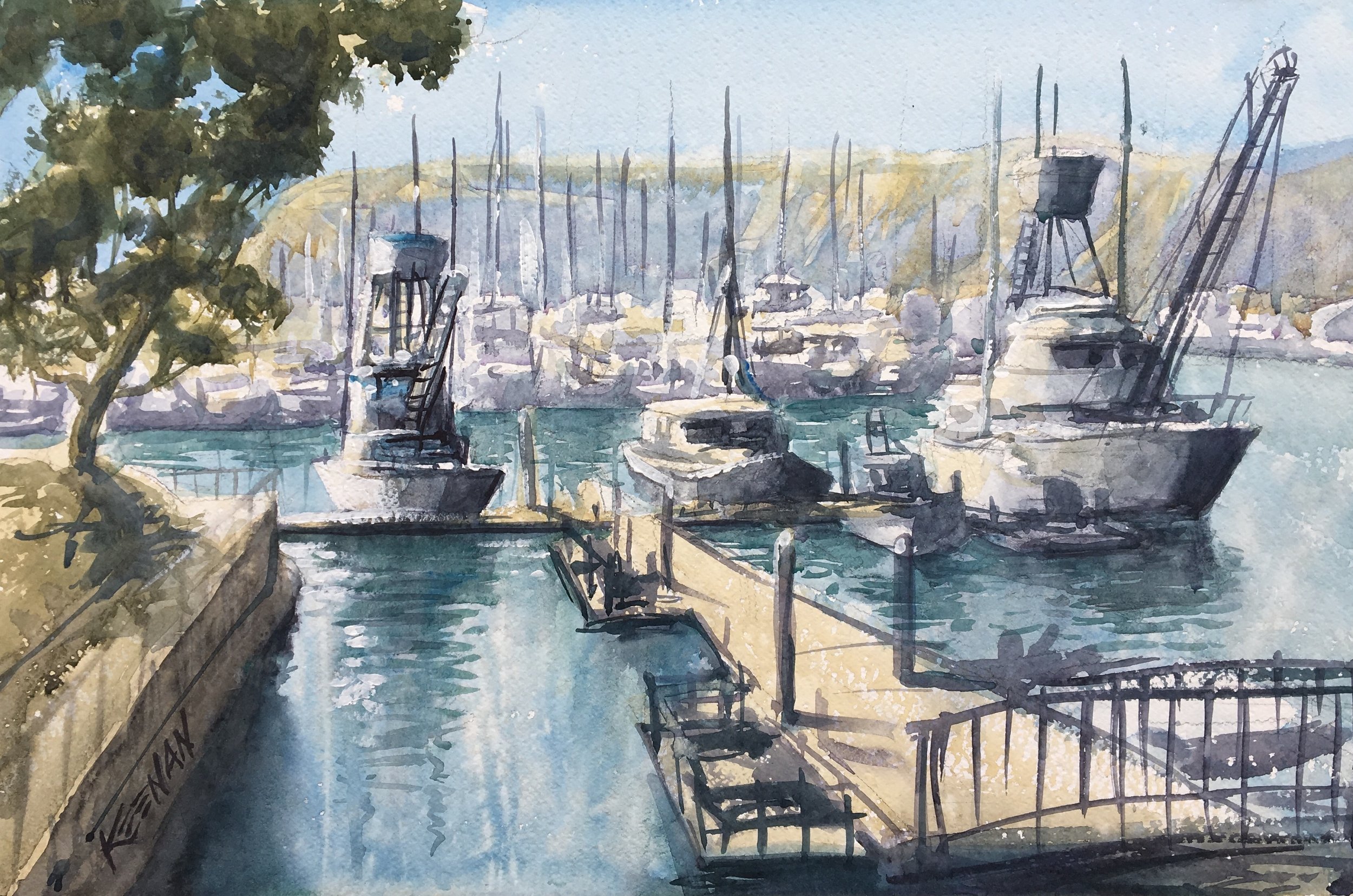 'Fishing Boat At Dana Point Harbor' Original Plein Air Watercolor