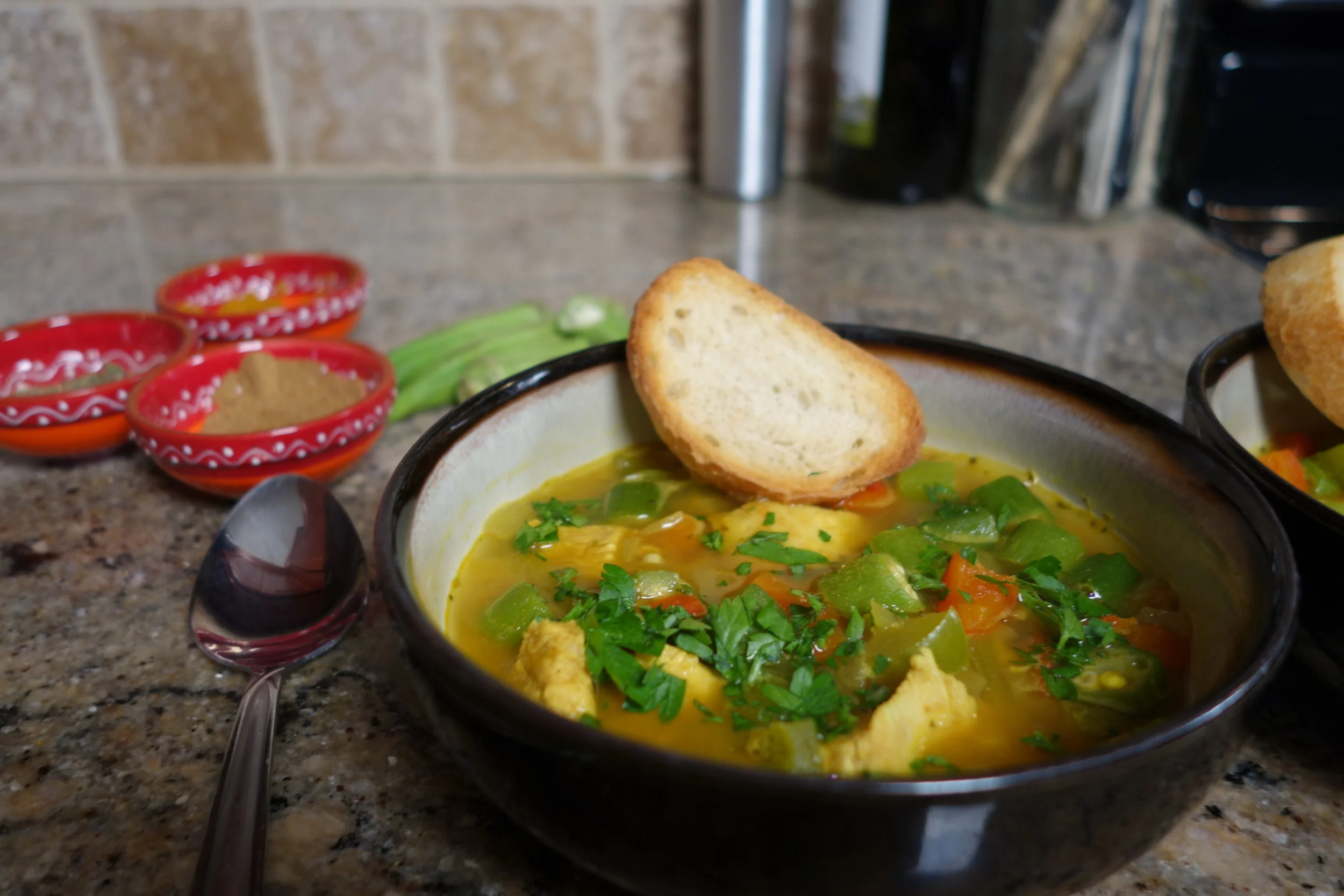 Pumpkin Chicken Soup with Okra 