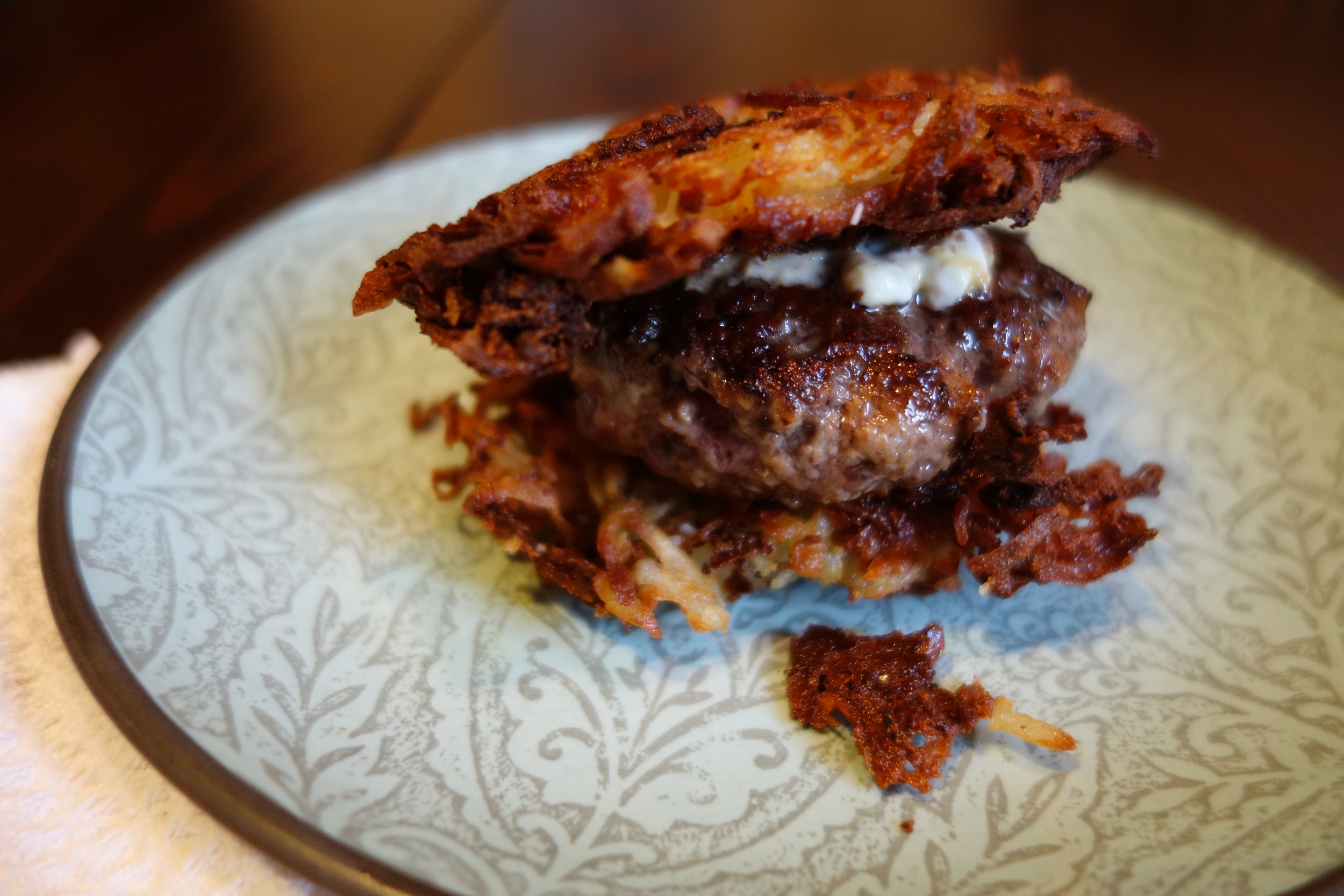 My Whole30 Burger. Latkes as the bun. I basically figured out many variations on how to eat meat & potatoes.
