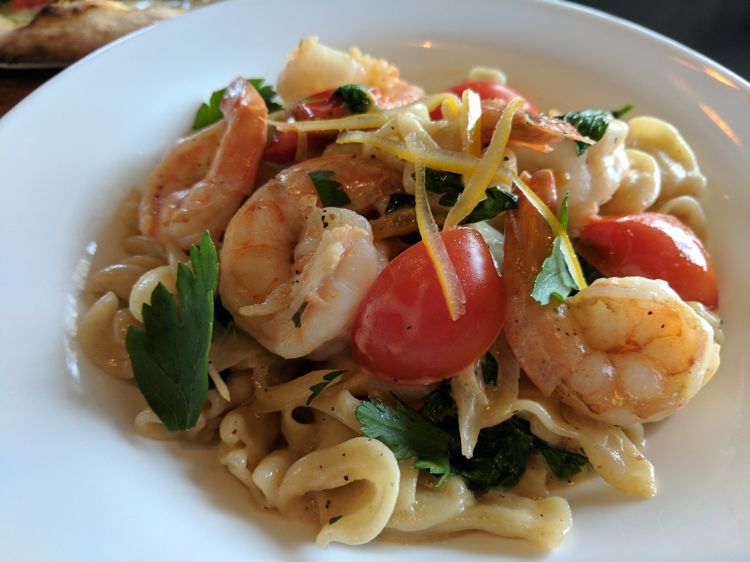 Braised fennel with campanelle pasta, shrimp, cherry tomatoes and preserved lemon.