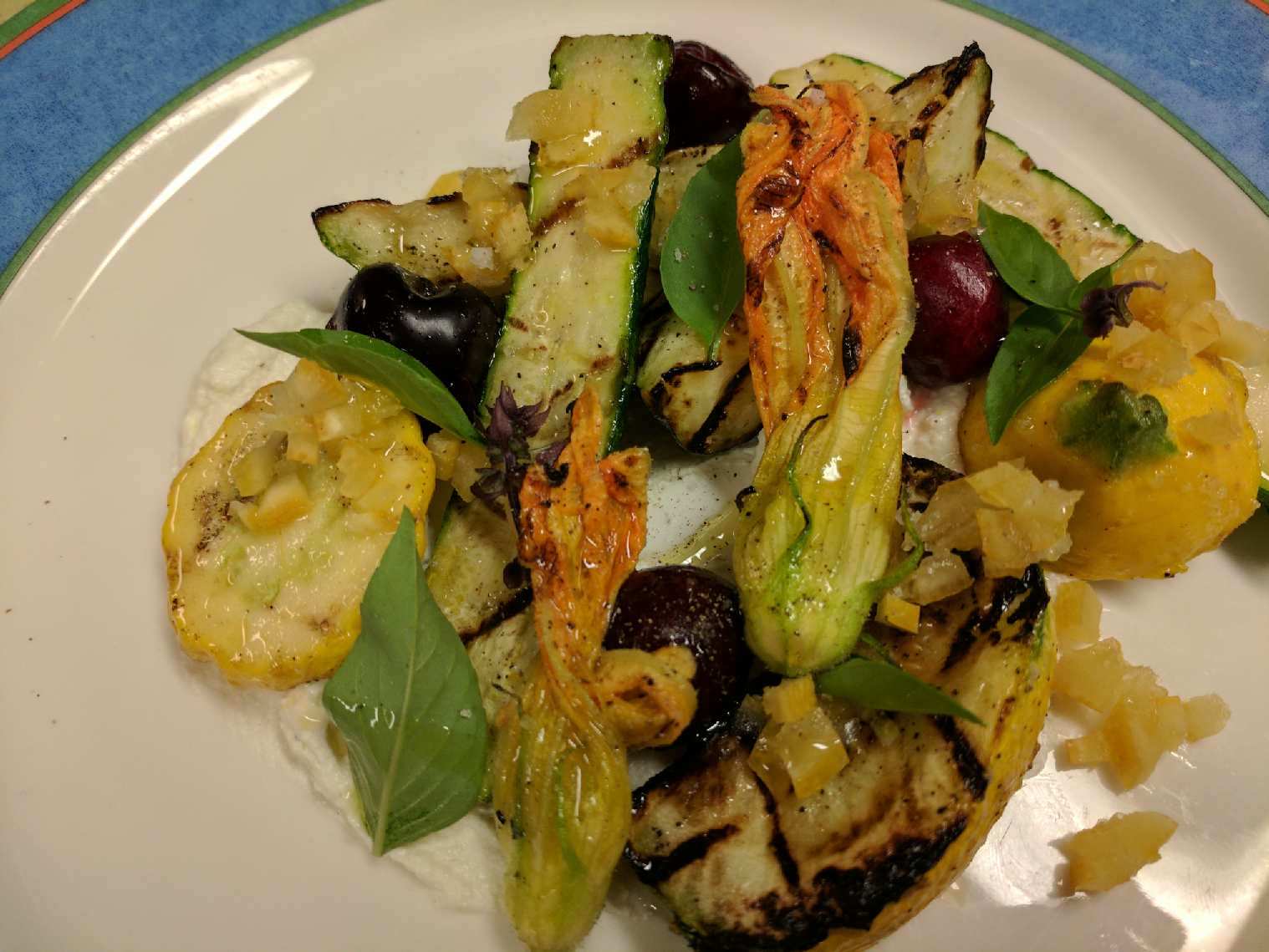Chef Crochet's grilled zucchini, ricotta and pickled cherry salad! A summer delight!