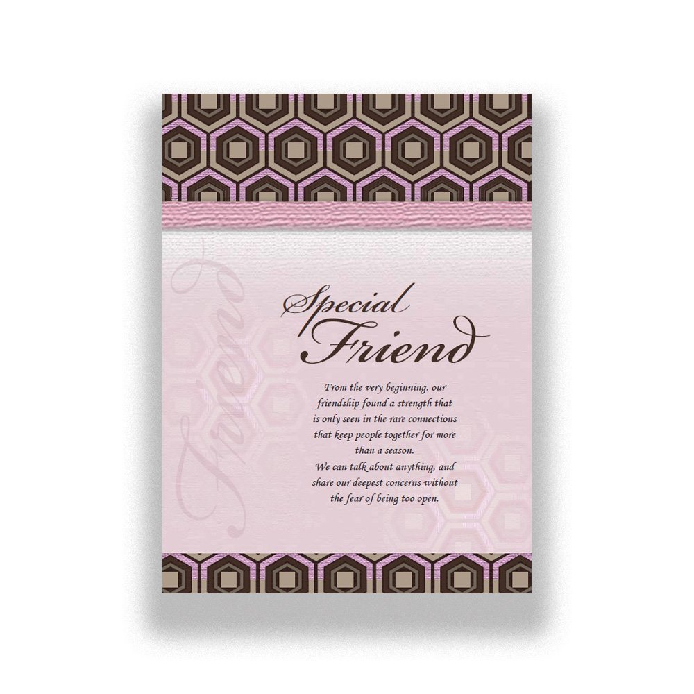 Greeting card front with a pink and brown geometric design and the title Special Friend in elegant script.