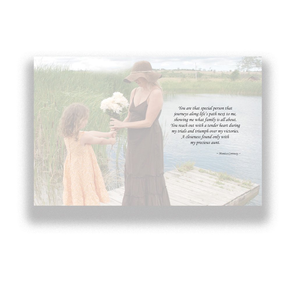 Emotional message about a special aunt printed over a soft-focused image of the dock scene.