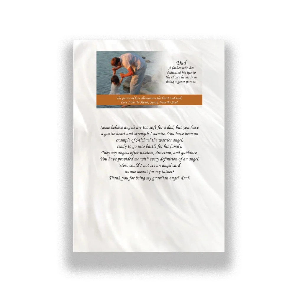 Inside of the greeting card shows angel wings framing a touching moment between a dad and daughter, with a heartfelt tribute to a father's strength and wisdom.