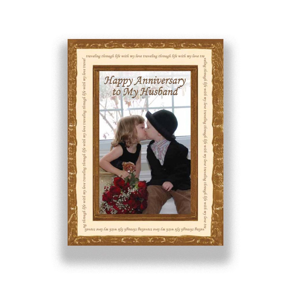 Happy Anniversary to My Husband greeting card featuring a young boy kissing a young girl on the cheek sitting together holding a bouquet of red flowers timeless frame design