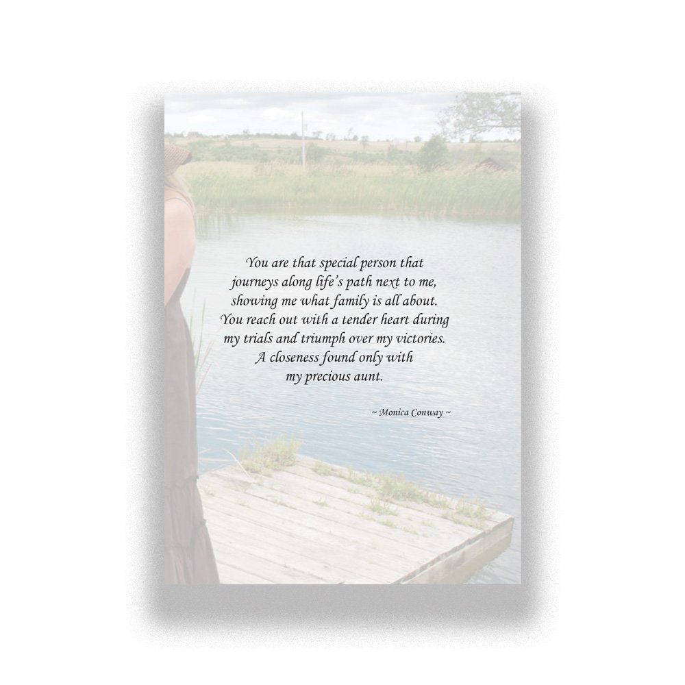 Emotional message about a special aunt printed over a soft-focused image of the dock scene.