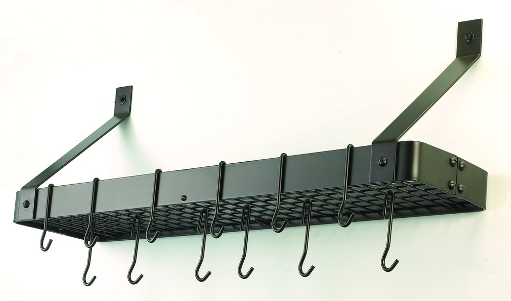 Wall Mount Bookshelf Pot Rack With Grid 12 Hooks Oiled Bronze Satin Copper Graphite Nickel Or Matte Black 104bz 104cp 104gu 104sn 104mb Old Dutch International - Wall Mount Bookshelf Pot Rack Wall Mount Bookshelf Pot Rack With Grid 12 Hooks Oiled Bronze Satin Copper Graphite Nickel Or Matte Black 104bz 104cp 104gu 104sn 104mb Old Dutch International - Wall Mount Bookshelf Pot Rack