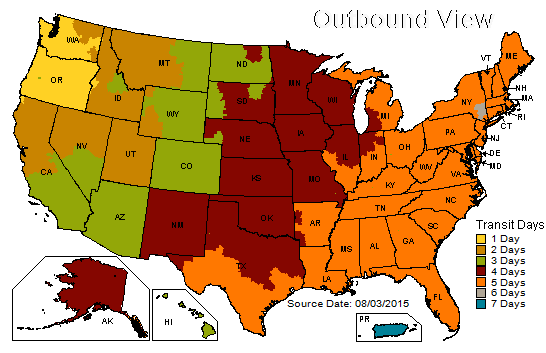 UPS Zone Map with transit times from Troutdale, Oregon.