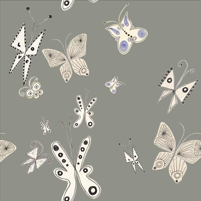 Pattern Exploration: Grey Butterflies. @koroseal #customwallcovering #wallpaperdesigner #interiordesign #butterflies #grey #linedrawing #pattern #lighthearted #happy