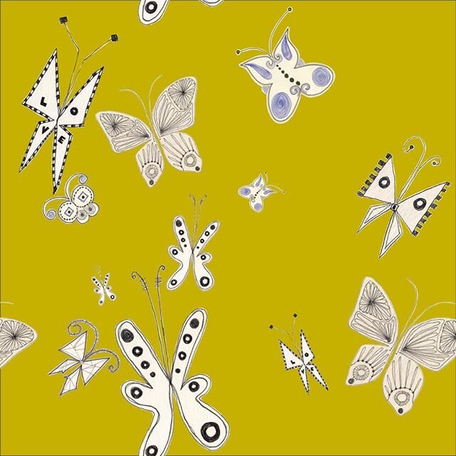 Pattern Exploration: Yellow Butterflies. @koroseal #customwallcovering #wallpaperdesigner #interiordesign #hospitalitydesign #butterflies #yellow #walls #handdrawn #linedrawing #fly