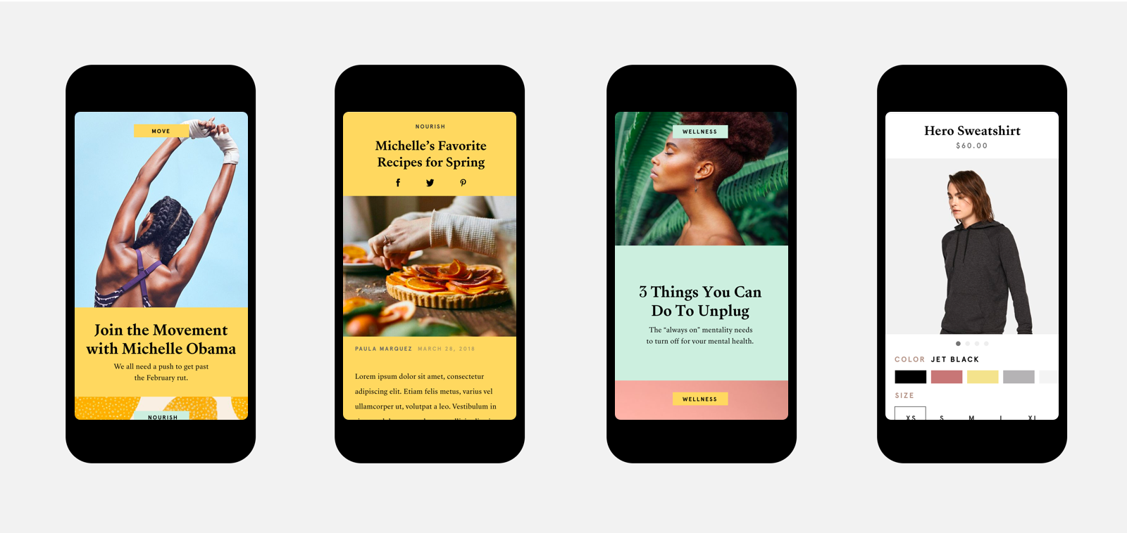 Our prototype consisted of a content strategy targeting a young, health-conscious consumer interested in community, wellness, education and shopping. Our designs include an interesting range of stories, a trendy and friendly stylistic approach and w