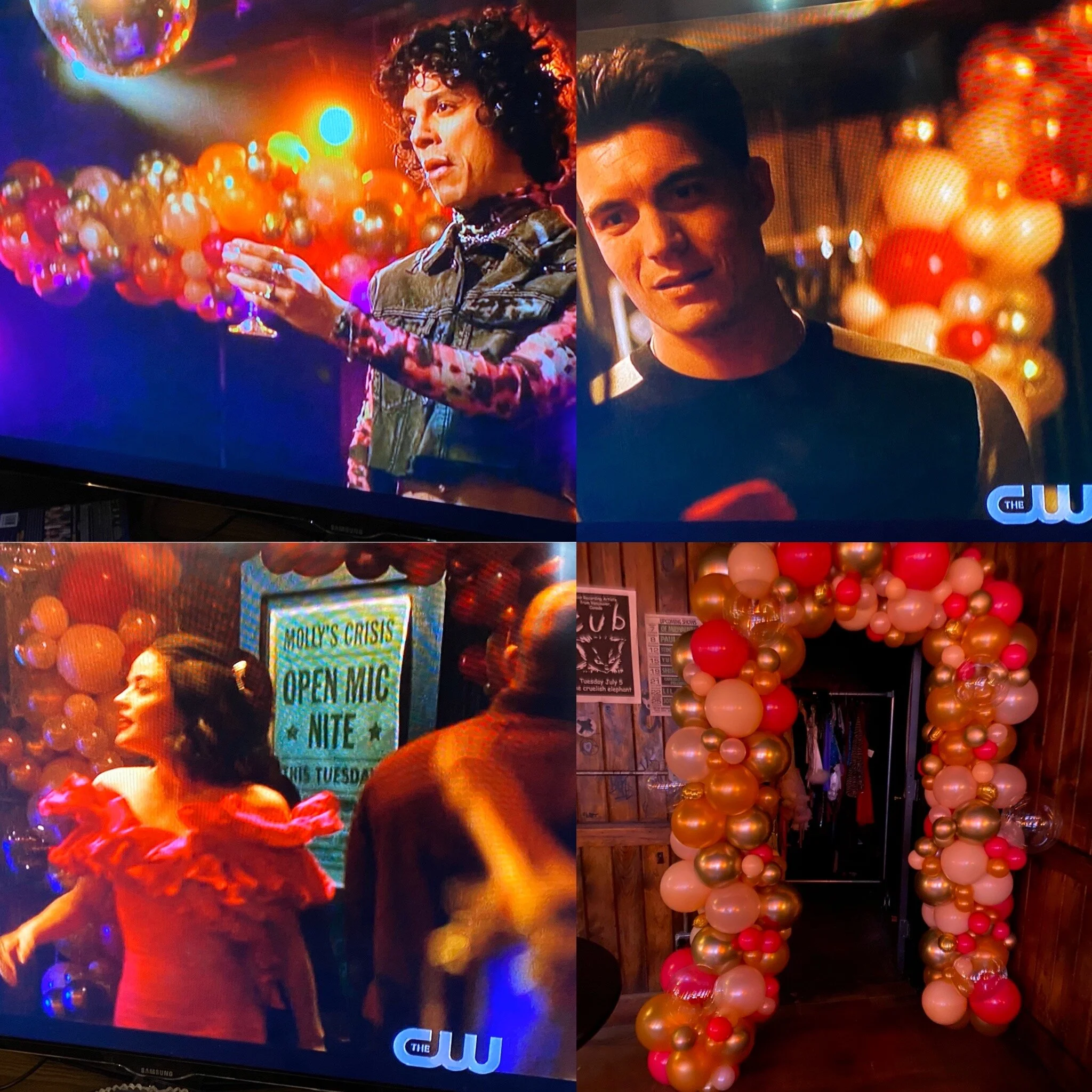 Four panels showing scenes from a lively indoor celebration decorated with red, gold, and beige balloons. The top left panel features a woman with curly hair speaking, with a colorful balloon backdrop. The top right panel shows a young man with dark