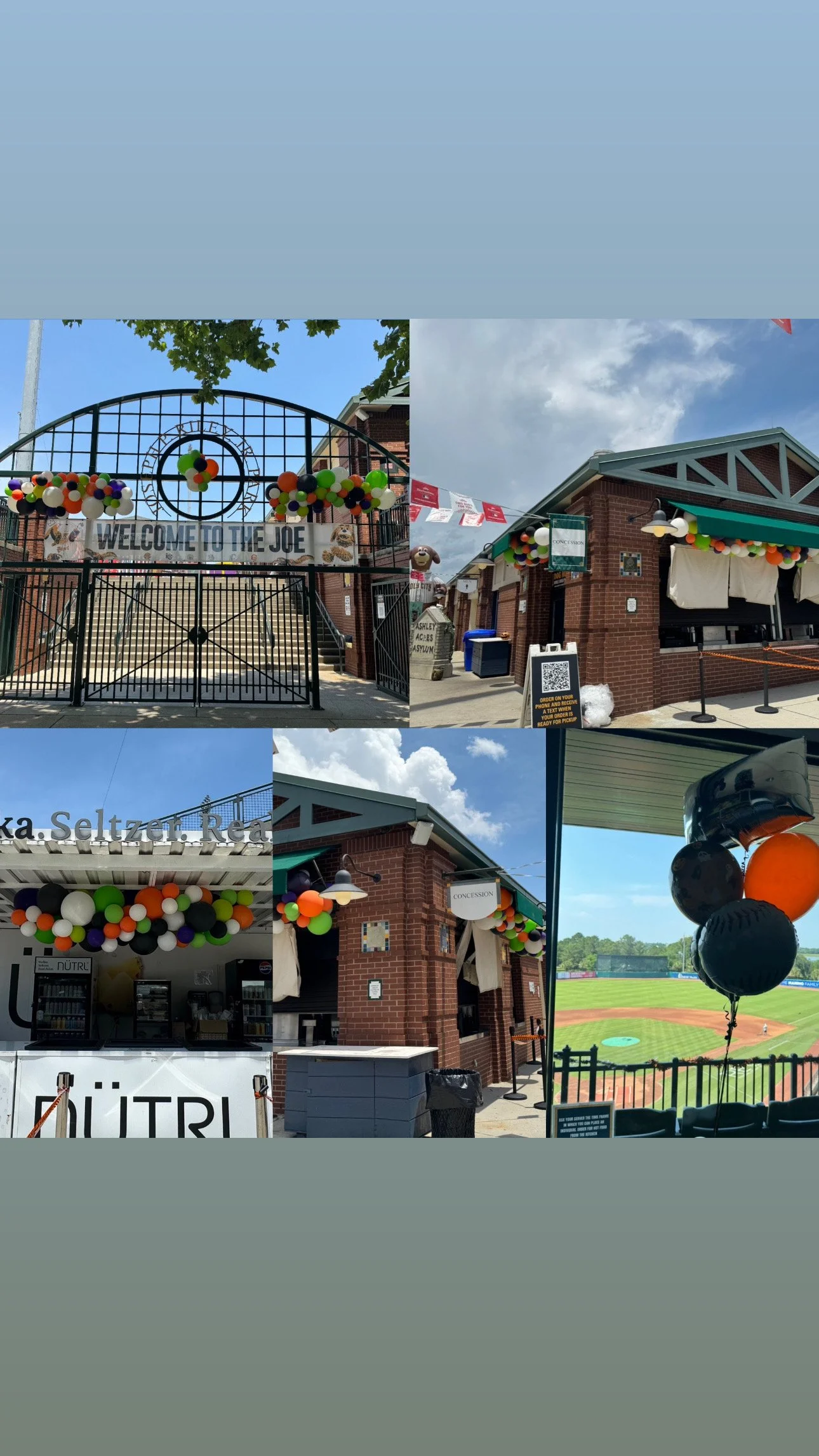 Scenes from a Top Golf location with balloons and decorations, concession stands, and a view of the field with players.