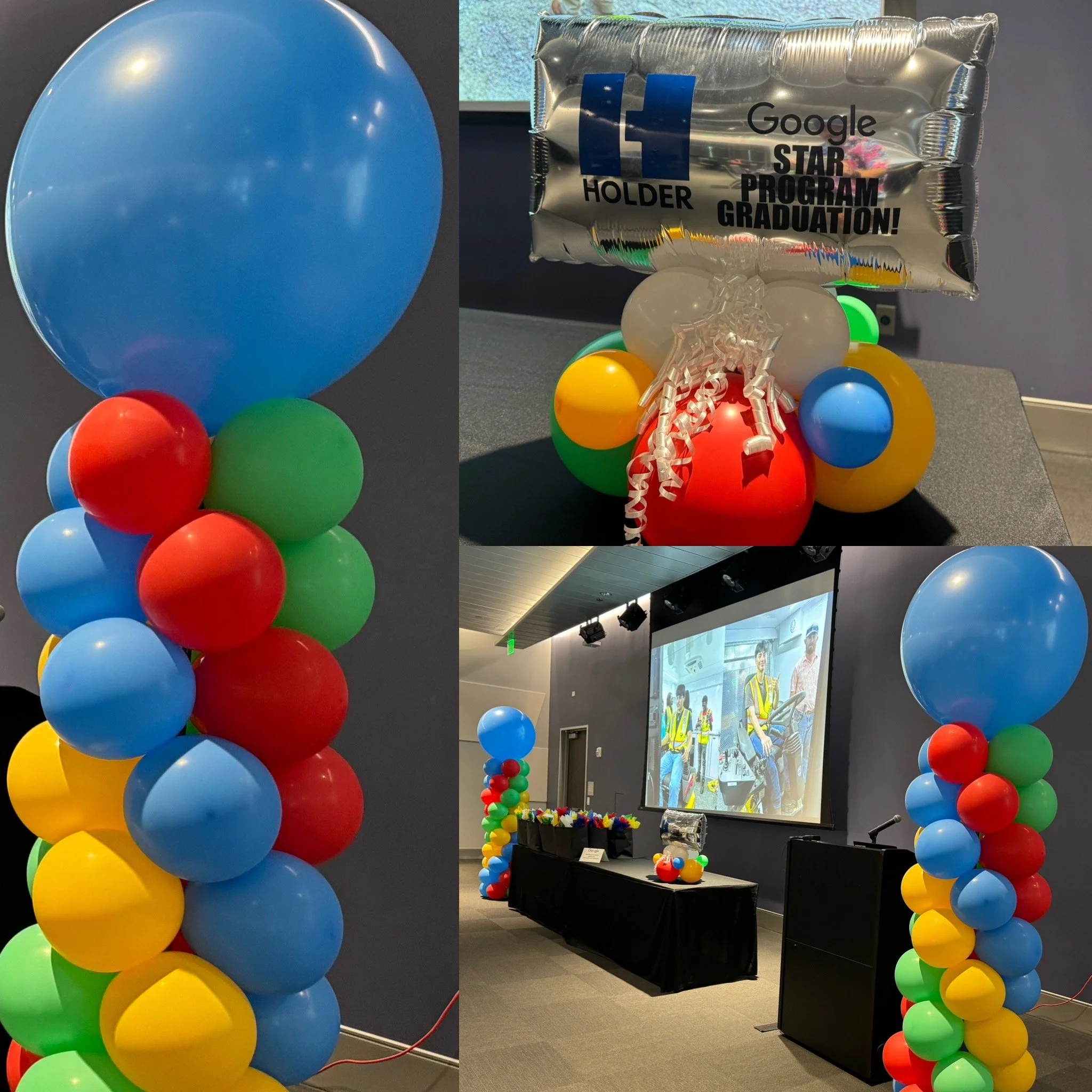 Colorful balloon decorations at a Google graduation event, including a large blue balloon atop a cluster of red, green, and yellow balloons, along with a congratulatory balloon arch and a balloon arrangement with a silver Google logo balloon.