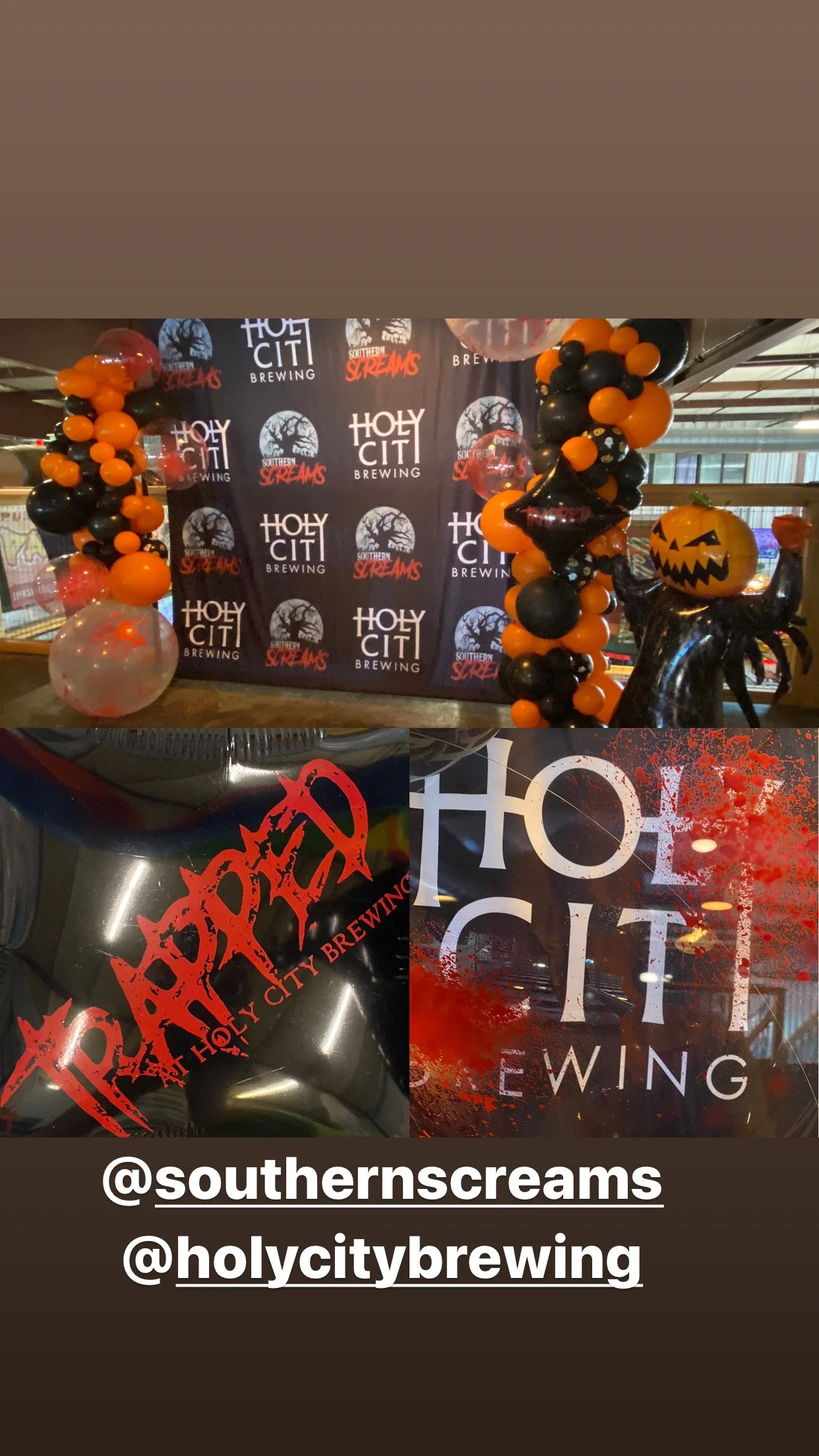Halloween-themed event setup with orange and black balloon arches, a pumpkin with a jack-o'-lantern face, and a backdrop with Holy City Brewing and Southern Screams logos.