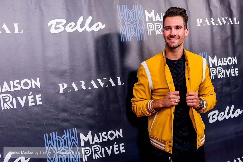 James Maslow attends the Bello and Maison Privee Party at Hills Penthouse wearing Cadogan Sweater (@cadoganworld) and Paraval Pants (@paraval.us)